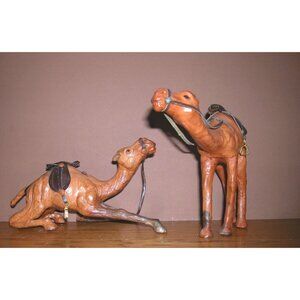 Handcrafted Leather Camel Figurines Set Of 2 With Saddles & Reins